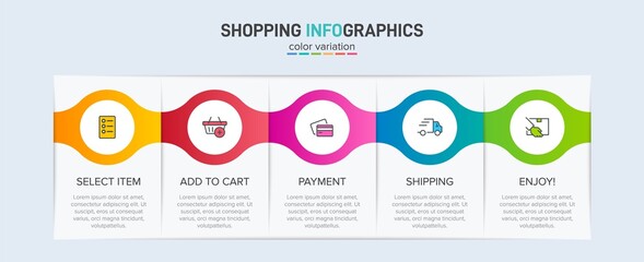 Concept of shopping process with 5 successive steps. Five colorful graphic elements. Timeline design for brochure, presentation, web site. Infographic design layout.