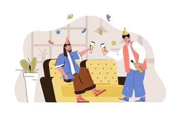 Party time concept. Couple in festive cones drinking and having fun situation. Celebrating holiday at home people scene. Vector illustration with flat character design for website and mobile site