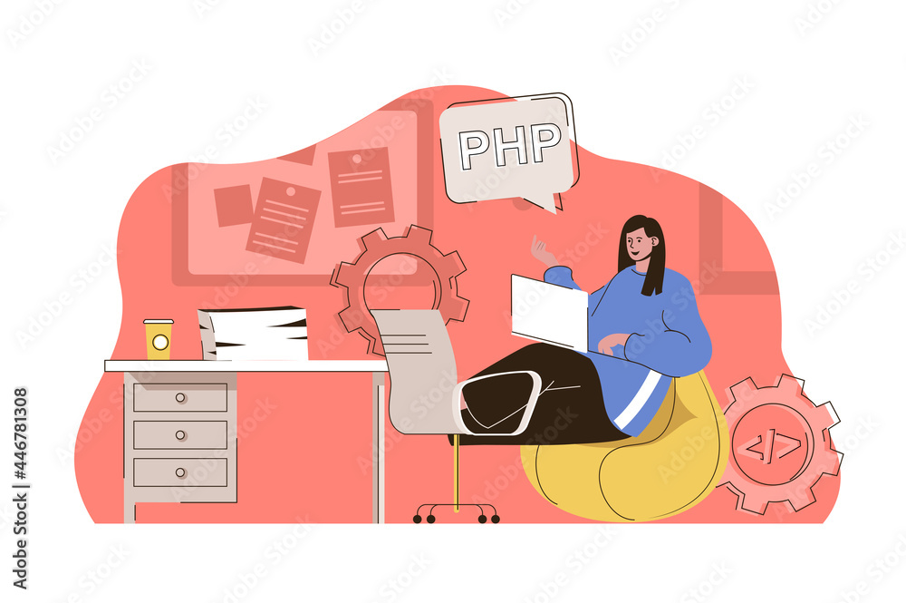 Leinwandbilder Programming tools concept. Woman works in different programming languages situation. Software development people scene. Vector illustration with flat character design for website and mobile site