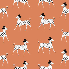 Adorable funny dalmatian dog. Spotted purebred dog. Hand drawn animal vector illustration. Cute dogs seamless pattern.