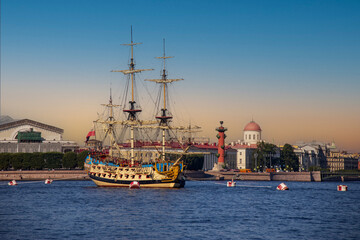 Frigate Poltava at sunset in St. Petersburg