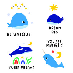 Set of cute whales. Hand drawn vector illustrations for kids.