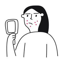 Girl has acne. Problem skin. Skin care concept. Outline vector illustration.