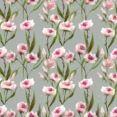 watercolor and pastel pink flowers and leaves in a vintage graphic fused pattern on a gray seamless background, for use in design, textiles, digital paper, summer