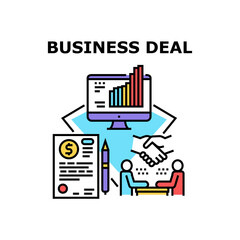 Business Deal Vector Icon Concept. Success Business Deal And Agreement Signing Businessman With Partner, Selling Or Buying Products Or Service. Professional Occupation Color Illustration