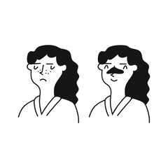  Young woman using of nose patch. Beauty treatment. Skin care concept. Outline vector illustration.