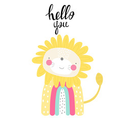 Cute cartoon character lion. Print for baby shower party.