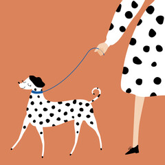 Lady walking the dalmatian. Funny purebred dog and woman in black and white dress. Hand drawn vector illustration. - 446783798