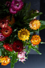 
Red, orange and yellow flame dahlia flower with yellow center close up macro photo. Color photo highlighting vibrant reddish colors and abstract details.