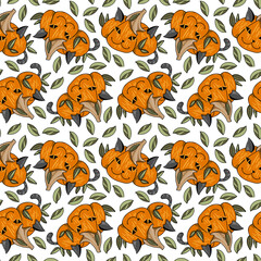 Halloween pumpkin doodle drawing on white background. Seamless pattern. Color image. Isolated vegetables. halloween cat costumes. Design for textile, fabric, scrapbooking, wrapping, packing.