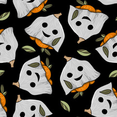 Halloween pumpkin doodle drawing on black background. Color image. Isolated vegetables. halloween ghost costumes. Design for textile, fabric, scrapbooking, wrapping, packing.