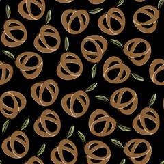Cute pretzel seamless pattern on a black background. Halloween illustration. Brown and green color. Design for textile, fabric, wrapping, packing, scrapbooking, card, poster.