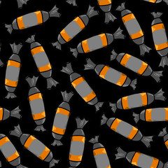 Cute candy seamless pattern on a black background. Halloween illustration. Orange, light and dark grey color. Design for textile, fabric, wrapping, packing, scrapbooking, card, poster.