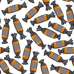 Cute candy seamless pattern on a white background. Halloween illustration. Orange, light and dark grey color. Design for textile, fabric, wrapping, packing, scrapbooking, card, poster.