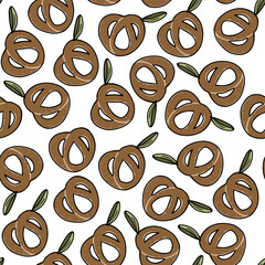 Cute pretzel seamless pattern on a white background. Halloween illustration. Brown and green color. Design for textile, fabric, wrapping, packing, scrapbooking, card, poster.
