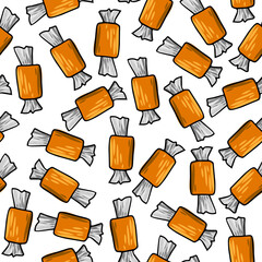Cute candy seamless pattern on a white background. Halloween illustration. Orange and grey color. Design for textile, fabric, wrapping, packing, scrapbooking, card, poster.