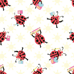 Ladybug back to school vector seamless pattern background. Fun cartoon kawaii ladybird characters with backbacks, pencils, notebooks on sun motif backdrop. Education, kindergarten repeat for children.