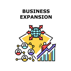 Business Expansion In World Vector Icon Concept. Business Expansion In World, Enterprise Opening Branches Offices Worldwide, Company Growth And Increase Money Profit Color Illustration