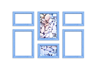Photo frames collage with colorful sea stones picture isolated on white background, blue color...
