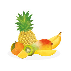 Set of exotic fruits. Pineapple, mango, banana, kiwi and orange on a white background. Vector illustration