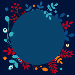 Round dark-blue autumn frame for the inscription. Cute frame with leaves, bats and eyes. Vector illustration - obrazy, fototapety, plakaty