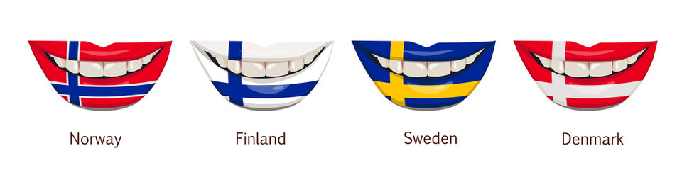 The flags of Norway, Finland, Sweden and Denmark on the lips. A woman's smile with white teeth. Vector illustration