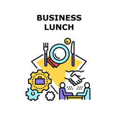 Business Lunch Vector Icon Concept. Entrepreneur Meeting At Business Lunch For Discussing About Agreement And Partnership, Eating Delicious Meal And Enjoying Drink. Working Process Color Illustration