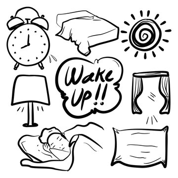 wake up doodle image. hand drawn bedroom set