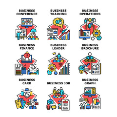 Business Training Set Icons Vector Illustrations. Business Training And Conference, Job Brochure And Graph Card, Leader Finance Operations And Management. Profession Education Color Illustrations