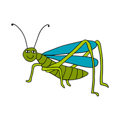 Cute cartoon doodle happy Grasshopper isolated on white background. Summer insect, wild animal.