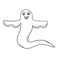 Cartoon doodle happy ghost isolated on white background.  Halloween party icon.
