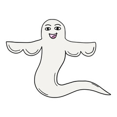 Cartoon doodle happy ghost isolated on white background.  Halloween party icon.