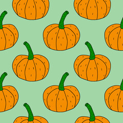 Cartoon linear doodle retro pumpkin seamless pattern. Abstract background with harvest.