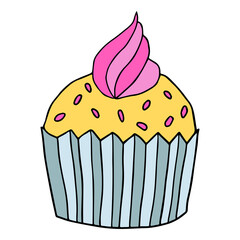 Cute hand drawn cupcake icon. Cake of black thin line contour isolated on white background.