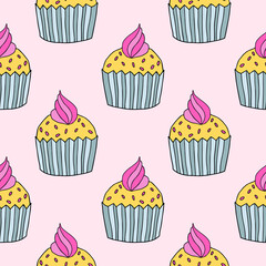 Cute hand drawn cupcake seamless pattern. Doodle cake of black thin line contour background.