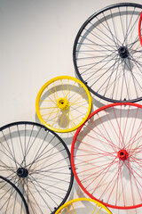 decoration bicycle wheels. beautiful colorful wall 