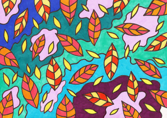 Naklejka na ściany i meble Autumn golden leaves fall. Waves. Marker drawing background. Abstract colorful hand drawn colorful texture. Bright doodle backdrop for graphic design