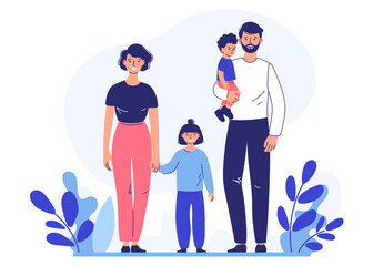 Family couple father and mother with daughter and son walk together. Happiness and love concept.