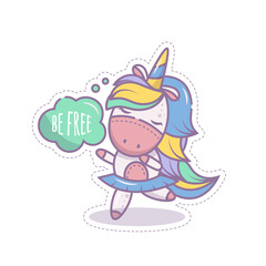 A cute pony unicorn girl dancing in a skirt. She happy and enjoys freedom. Isolated object on a white background. Icon in the style of a cartoon. Sticker for children. Linear illustration