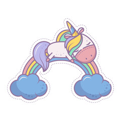 A cute unicorn sleeps on a rainbow in the sky. Isolated object on a white background. Icon in the style of a cartoon. Sticker for children. Linear illustration