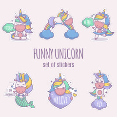 A set of funny stickers with cute magic unicorns. Collection of illustrations in cartoon style. Icons with white stroke. Animals do yoga, sleep on the rainbow, swim mermaid in the sea, dance