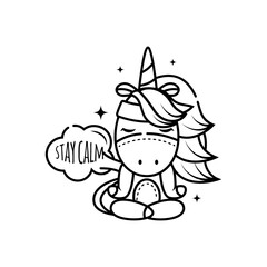 Magical cute unicorn girl relaxes in the lotus position. She does yoga and meditates. Isolated object on a white background. Outline icon, Coloring page for kids activity games. Doodle style