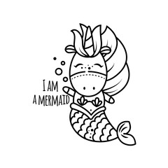 Sweet magical unicorn mermaid swims in the sea. Isolated object on a white background. Outline icon, Coloring page for kids activity games.