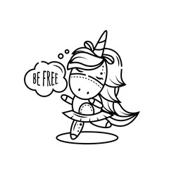 A cute pony unicorn girl dancing in a skirt. She happy and enjoys freedom. Isolated object on a white background. Outline icon, Coloring page for kids activity games. Doodle style