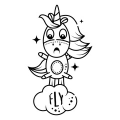 A cute surprised unicorn farts the rainbow and soars into the sky. Isolated object on a white background. utline icon, Coloring page for kids activity games. Doodle style