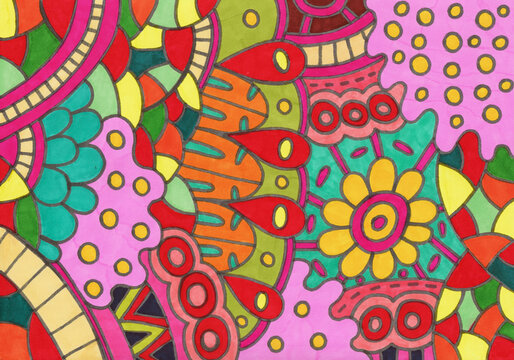Floral Doodle. Rainbow colors. Marker drawing background. Simple hand drawn color texture. Bright trippy hippie multicolor backdrop for graphic design