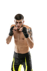 Portrait of professional male MMA boxer practicing isolated on white studio background. Fit...