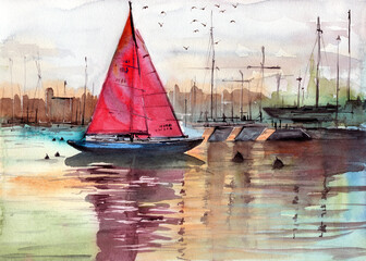 Watercolor illustration of a sailboat in a marina with some yachts and buildings on the horizon
