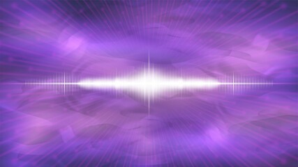 Abstract muddy wavy dark purple background. Glowing white spectral graph in the center. Semi-transparent flying stars in a hyper jump style