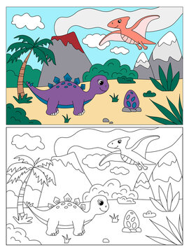 Children's coloring book with cute dinosaurs